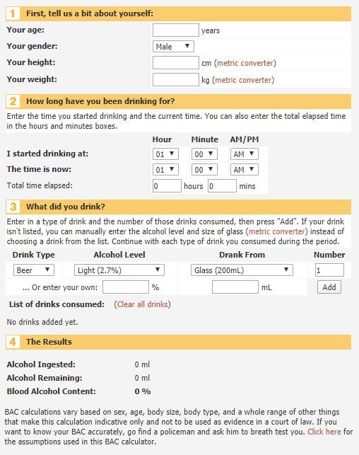 Blood Alcohol Content (BAC) Calculator